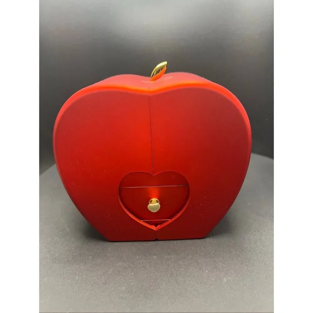 Red Apple Faux Rose Large Gift Box Gold Tone Cubic Zirconia Love Knot Necklace